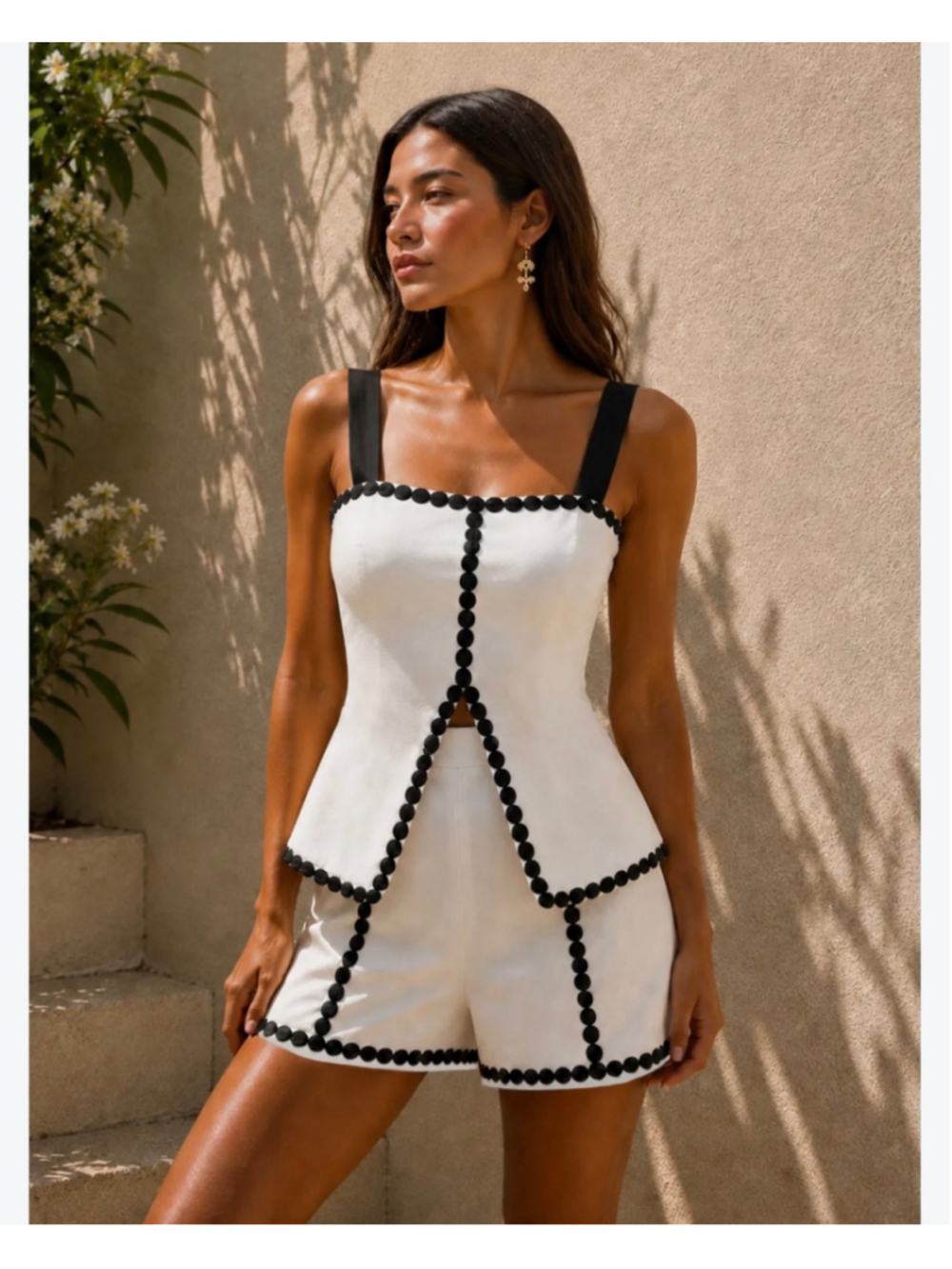 Commense Cotton Contrast Trim Corset Shorts Set White Black Two Piece Set Size M